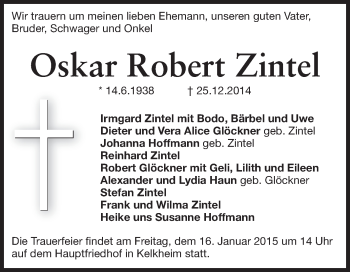 Traueranzeige von Oskar Robert Zintel von Echo-Zeitungen (Gesamtausgabe)